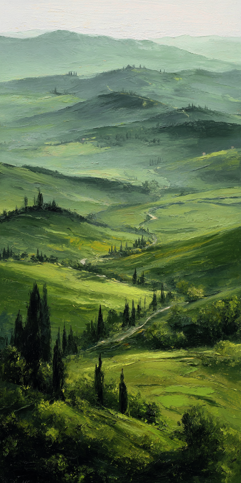 Toskana – Wellen aus Grün

Sanfte Hügel rollen bis zum Horizont, von Zypressen taktiert. Wege ziehen sich durchs satte Grün – Ruhe, Weite, Atem.